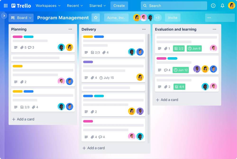 Trello board displaying Program Management with columns for Planning, Delivery, and Evaluation, showcasing task details and team members.