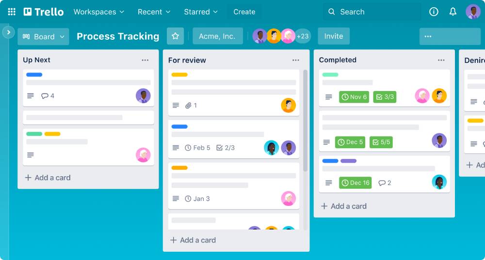 Trello board named 'Process Tracking' displaying task lists: Up Next, For Review, Completed, and Denied, with user icons and activity details.