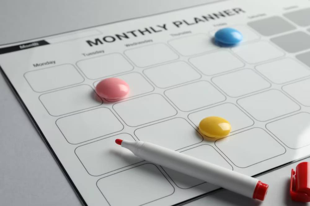 A blank monthly planner with colorful pens in pink, yellow, and blue, ready for scheduling tasks and events.