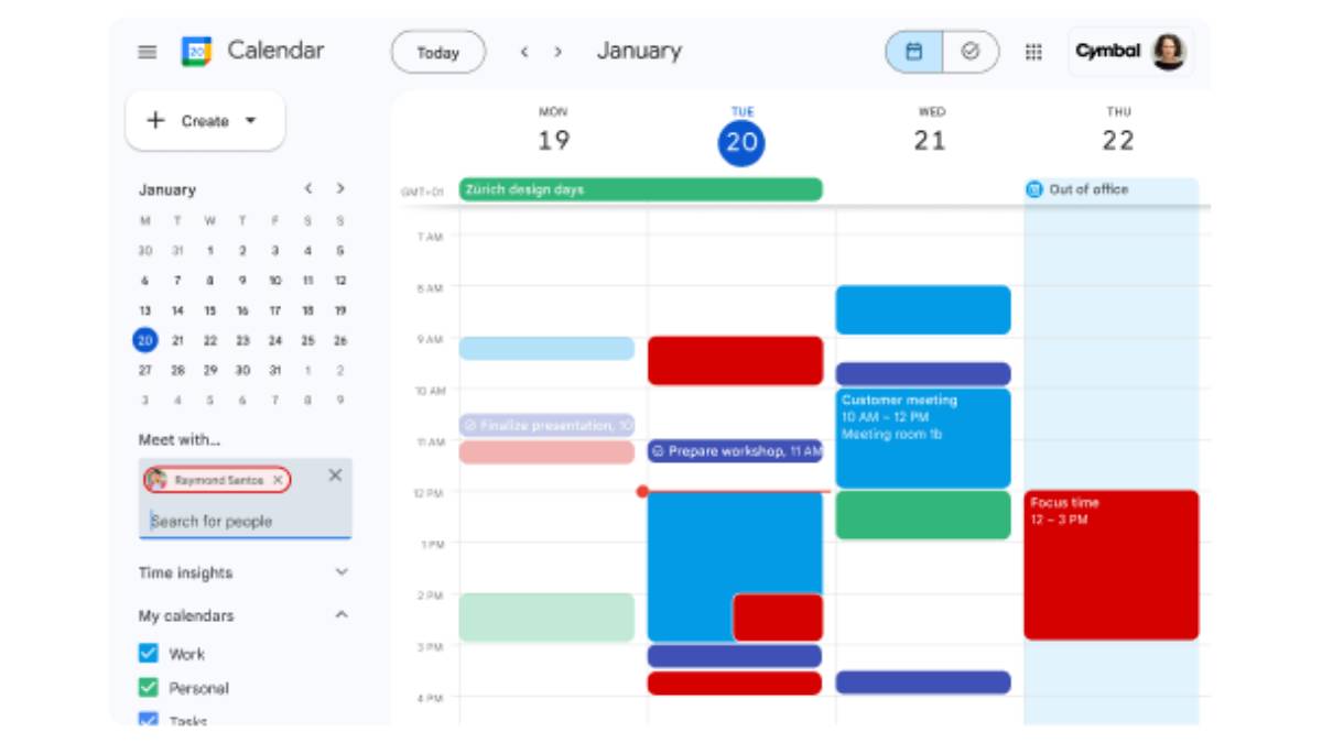 A digital calendar view for January 20, featuring a schedule of events including meetings, work sessions, and time blocked for focus.