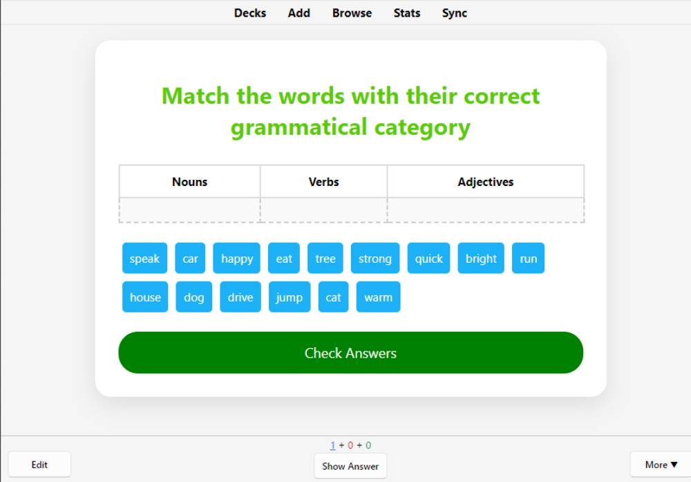 An interactive grammar exercise prompts users to categorize words into nouns, verbs, and adjectives, with a 'Check Answers' button.
