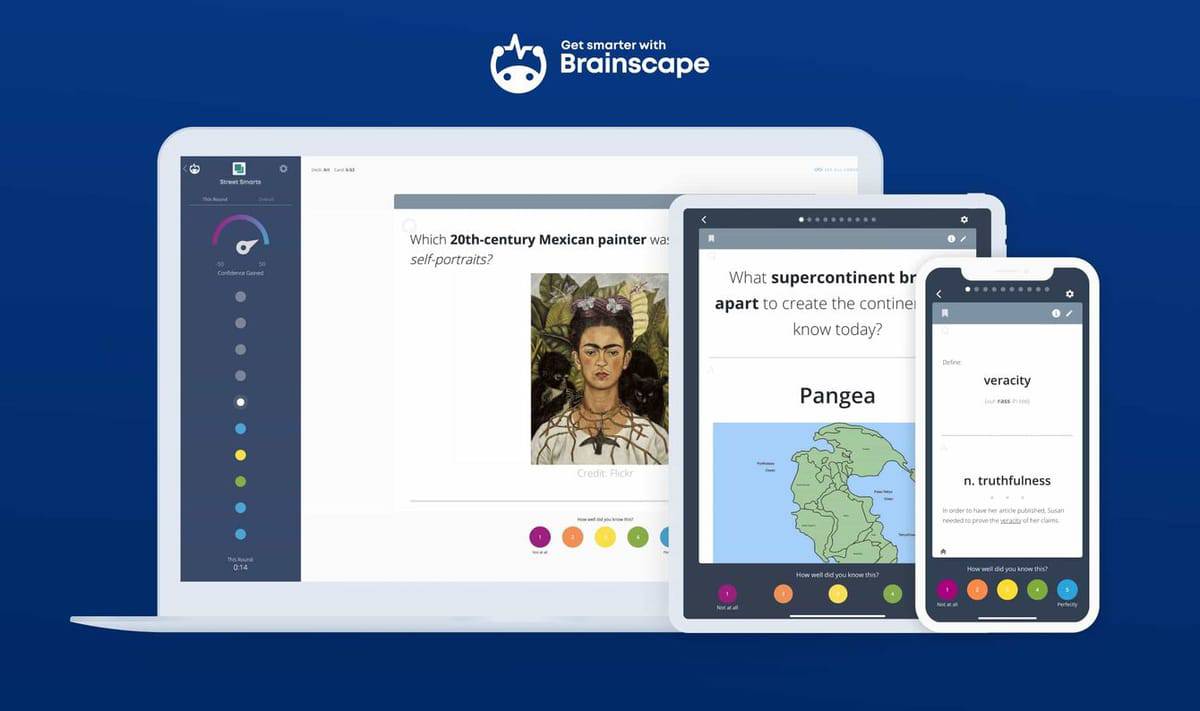 A laptop and various mobile devices display educational content from Brainscape, featuring trivia questions and definitions.
