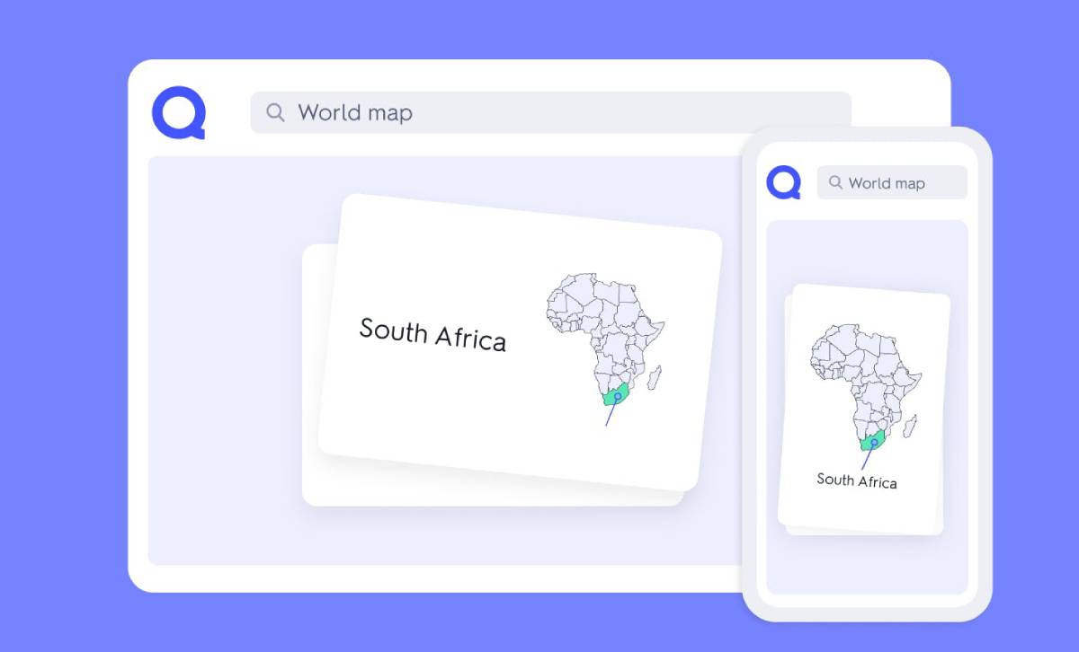 Illustration of search results showing a map highlighting South Africa within Africa, surrounded by search bars on a purple background.