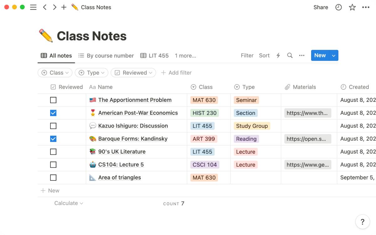 A digital document displays class notes organized by course, type, and review status, with several lectures and readings listed.