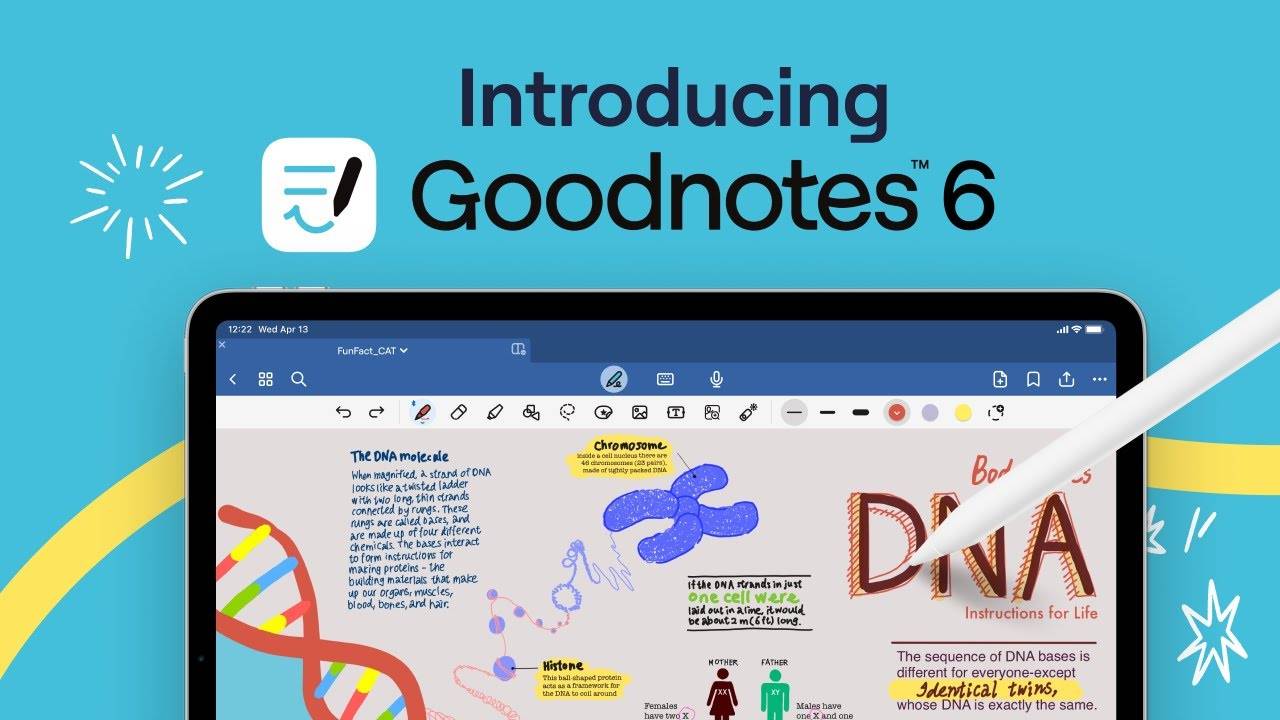 A tablet displays colorful notes about DNA in Goodnotes 6, showcasing features like annotations and illustrations.