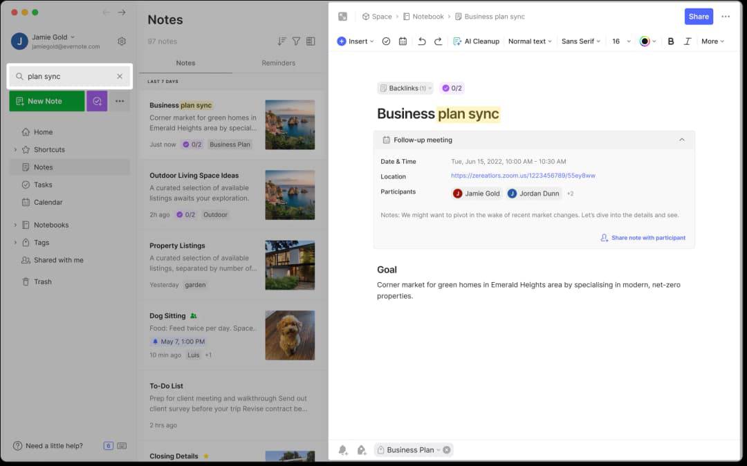 Screenshot of Evernote showing a note titled 'Business plan sync' with meeting details, participants, and a project goal.