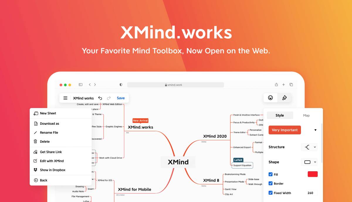 Screenshot of XMIND.works interface displaying mind mapping tools and features on a gradient orange background.