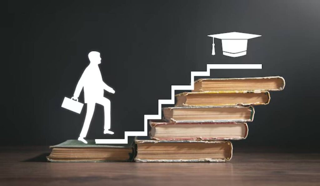 A silhouette of a person ascending stairs made of stacked books, approaching a graduation cap symbolizing educational achievement.