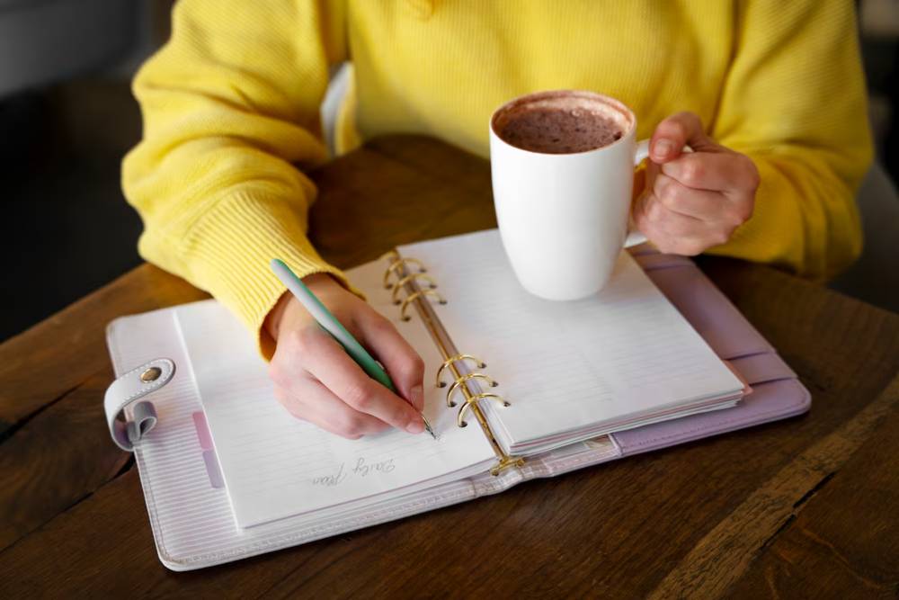 A person in a yellow sweater writes in a planner with a green pen, holding a white mug of cocoa on a wooden table.