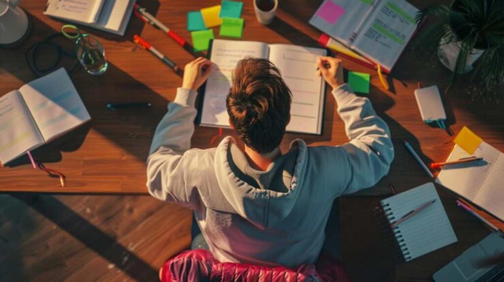 A student in a hoodie studies at a wooden desk cluttered with notebooks, stationery, and colorful sticky notes, illuminated by warm light.