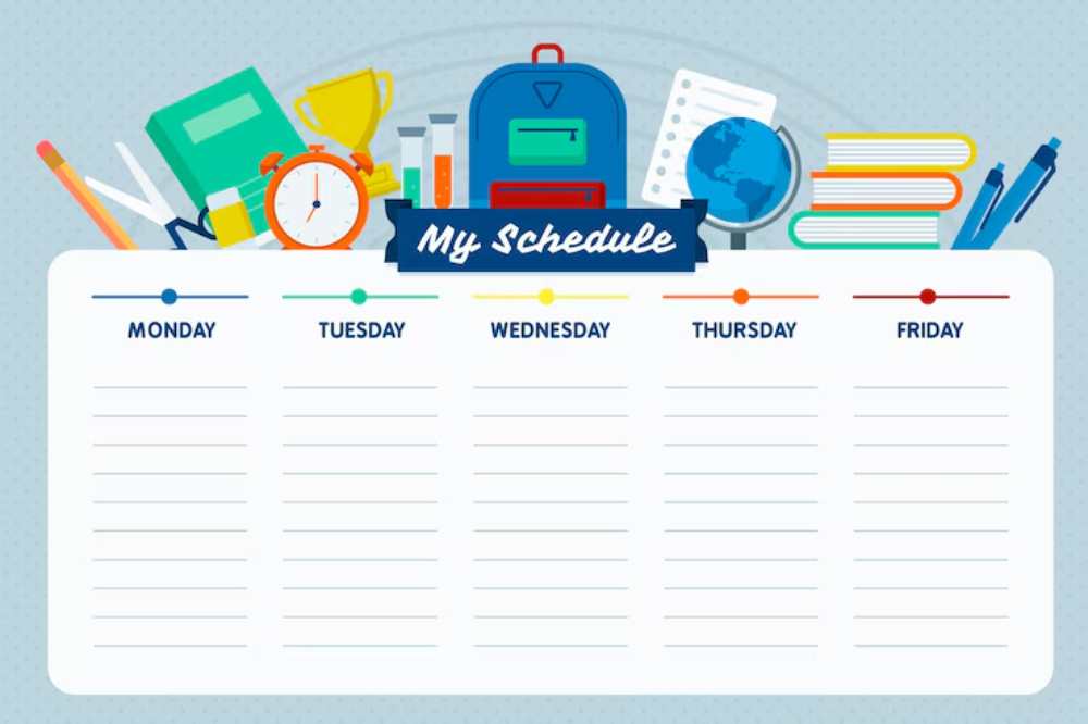 Colorful weekly schedule layout with space for tasks, surrounded by school supplies like books, a backpack, and a globe.