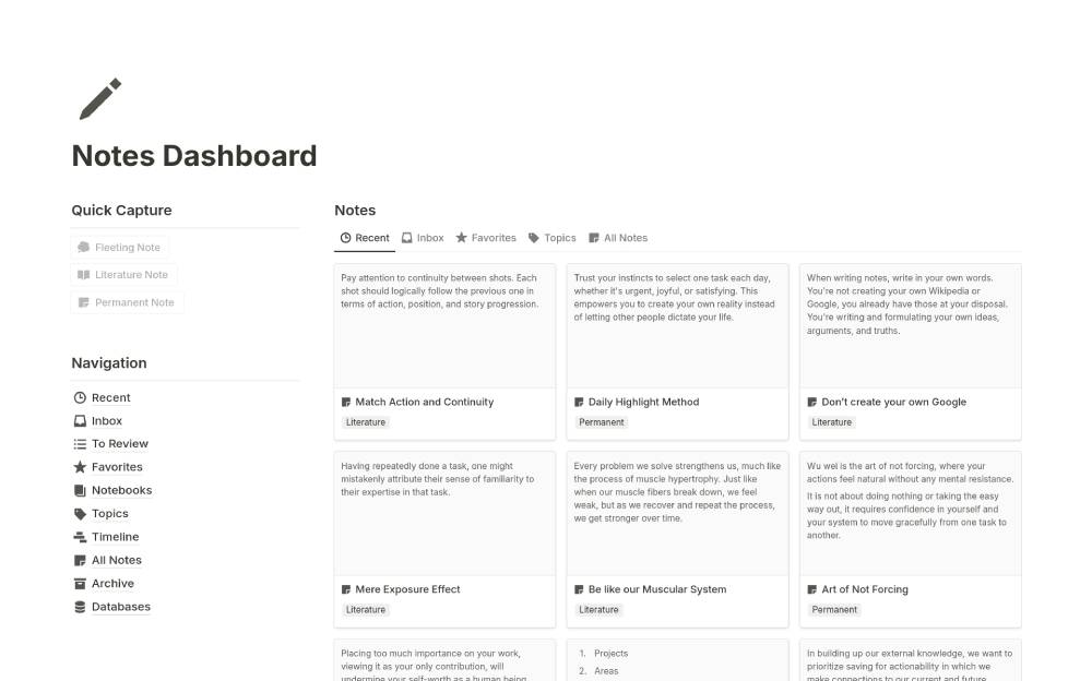 A digital notes dashboard displaying organized topics, quick capture options, and key note summaries on various writing methods.