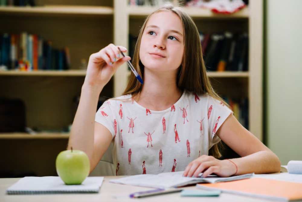 A student sits at a desk with books and an apple, deep in thought while holding a pen, surrounded by shelves of books.