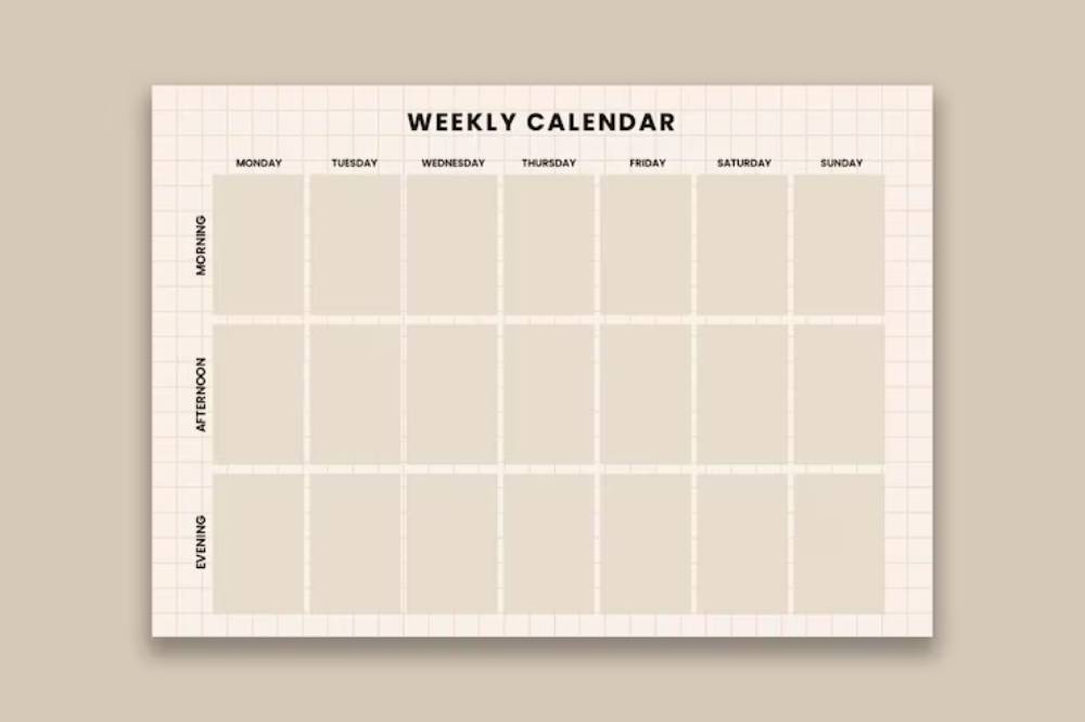 A blank weekly calendar layout with labeled sections for each day, divided into morning, afternoon, and evening.