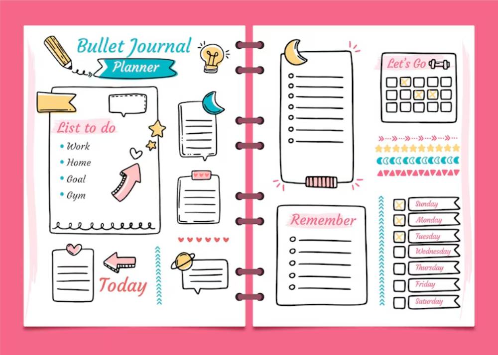 A colorful bullet journal planner featuring to-do lists, reminders, and weekly layout, designed with doodles and decorative elements.