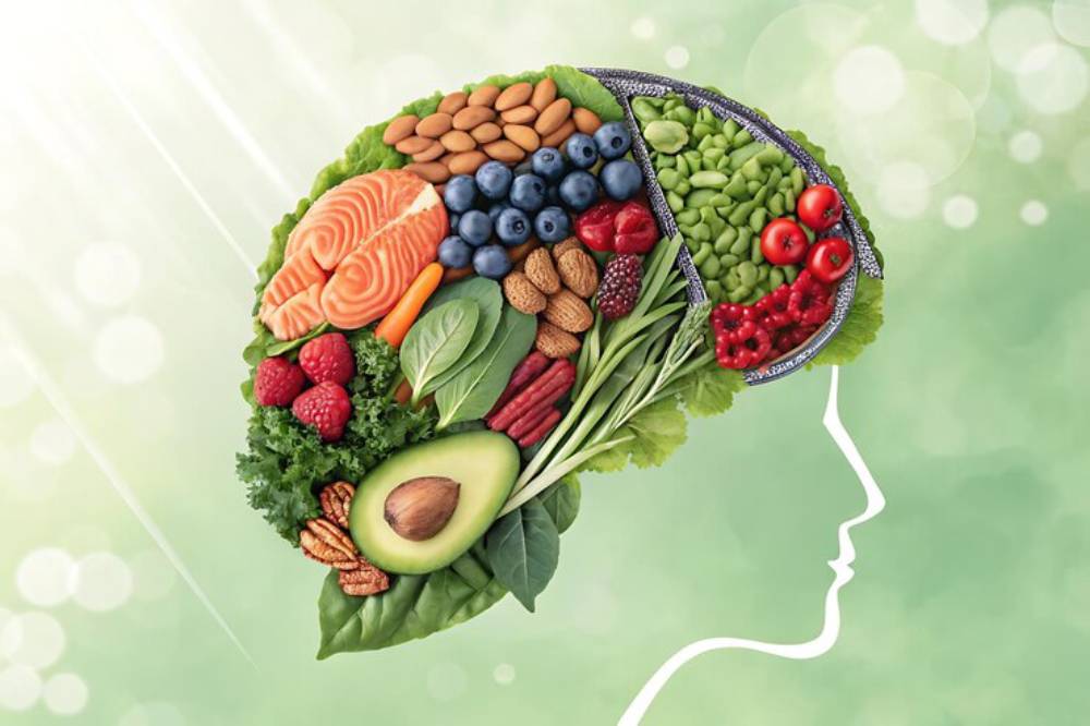 A graphic representation of a brain filled with vibrant fruits, vegetables, and nuts, symbolizing healthy eating for brain health.