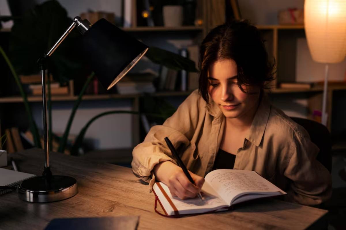 A person writes in a notebook under a warm lamp, surrounded by books and plants in a softly lit room.