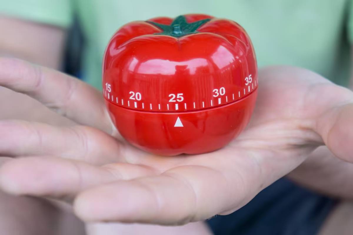 A person holds a red tomato-shaped kitchen timer in their palm, with a dial displaying minutes from 0 to 35.