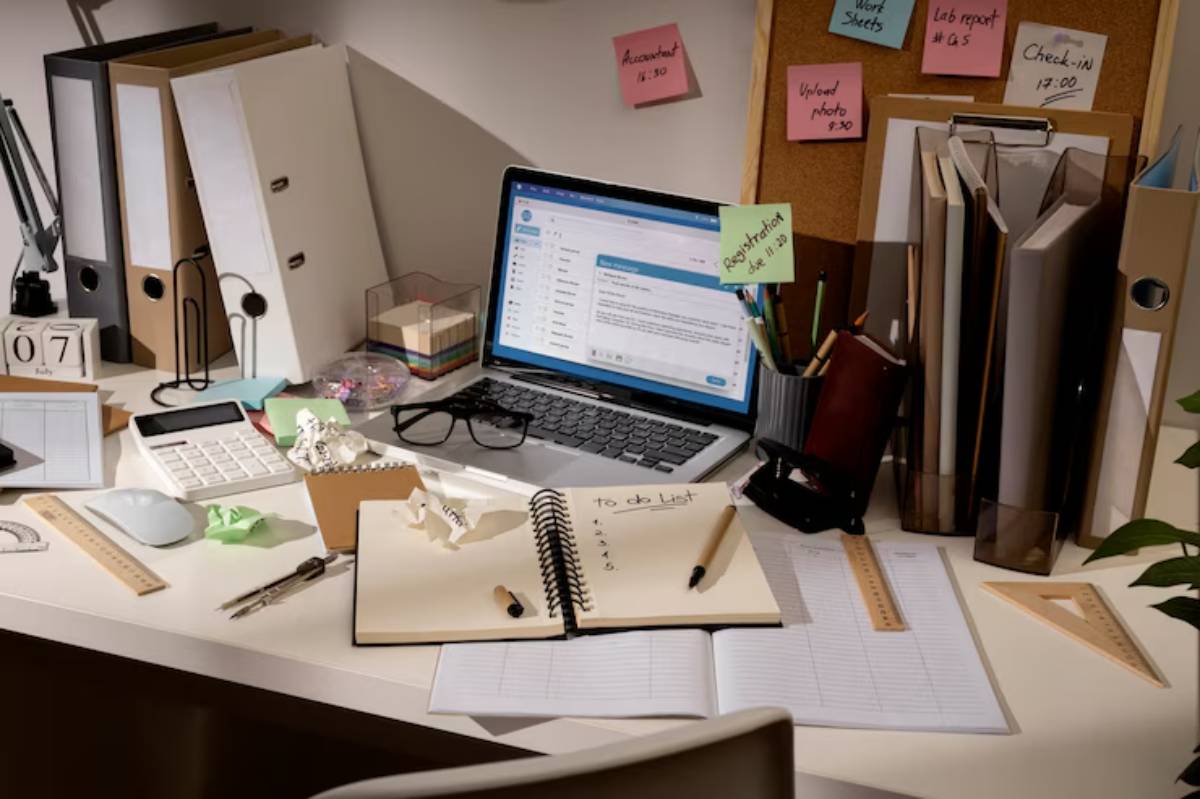 A cluttered desk with a laptop displaying a chat, sticky notes, notebooks, pens, a calculator.