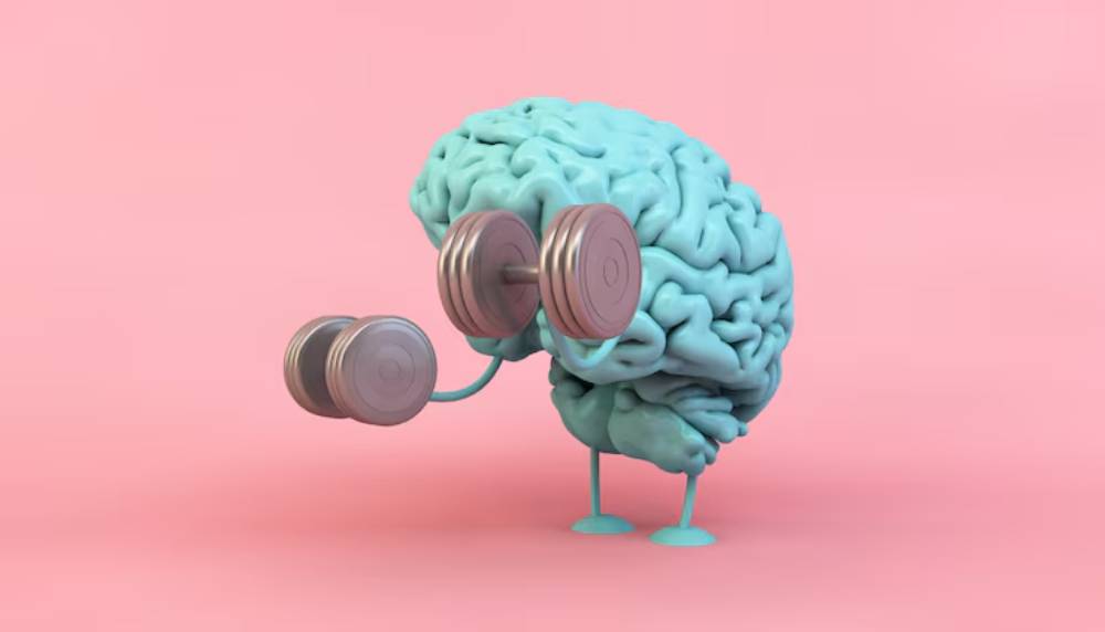 A cartoon brain lifting a dumbbell, showcasing a playful representation of mental fitness against a pink background.