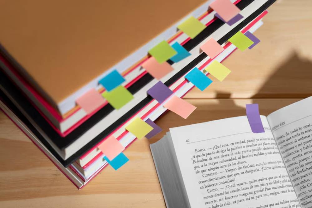 A stack of colorful books with sticky notes, beside an open book displaying text, resting on a wooden surface.