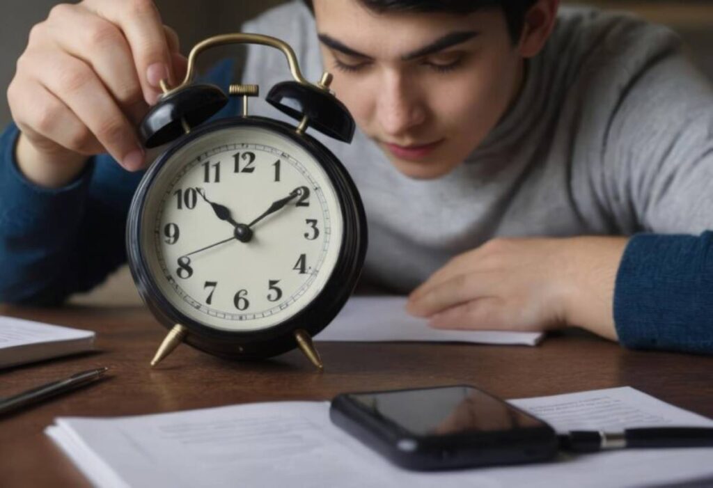 A person sets an alarm clock on a table cluttered with papers and a smartphone, emphasizing time management and focus.