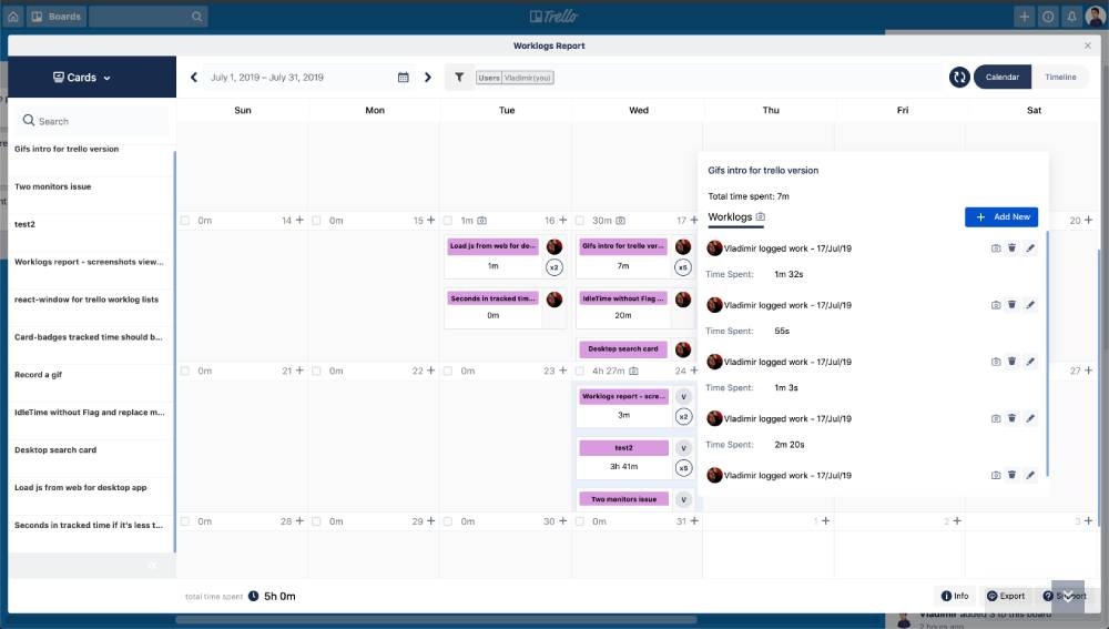 Screenshot of a Trello work report showing tasks and time logs , with several logged activities listed on a calendar.