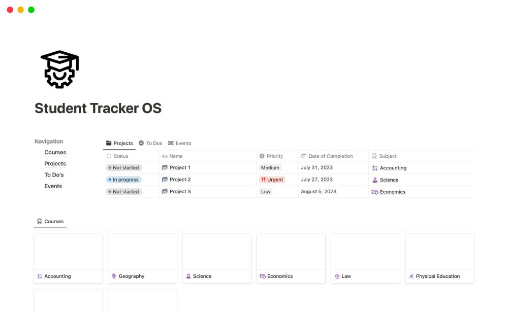 Screenshot of a 'Student Tracker OS' interface displaying projects, statuses, priorities, completion dates, and subjects.