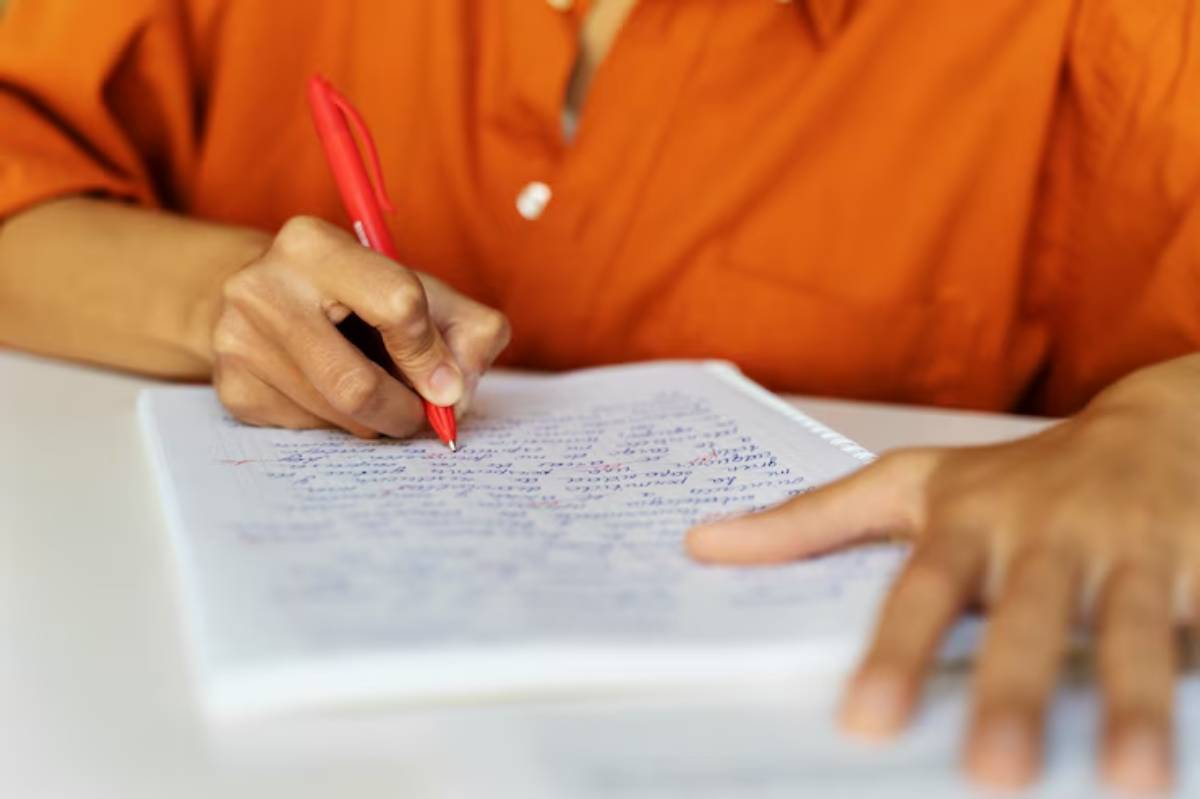 A close-up of a person's hand writing on a notebook with blue ink using a red pen, while wearing an orange shirt.