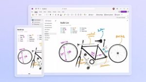 Digital image displaying a bike build list with sketches and measurements, shown on both a desktop and mobile device.