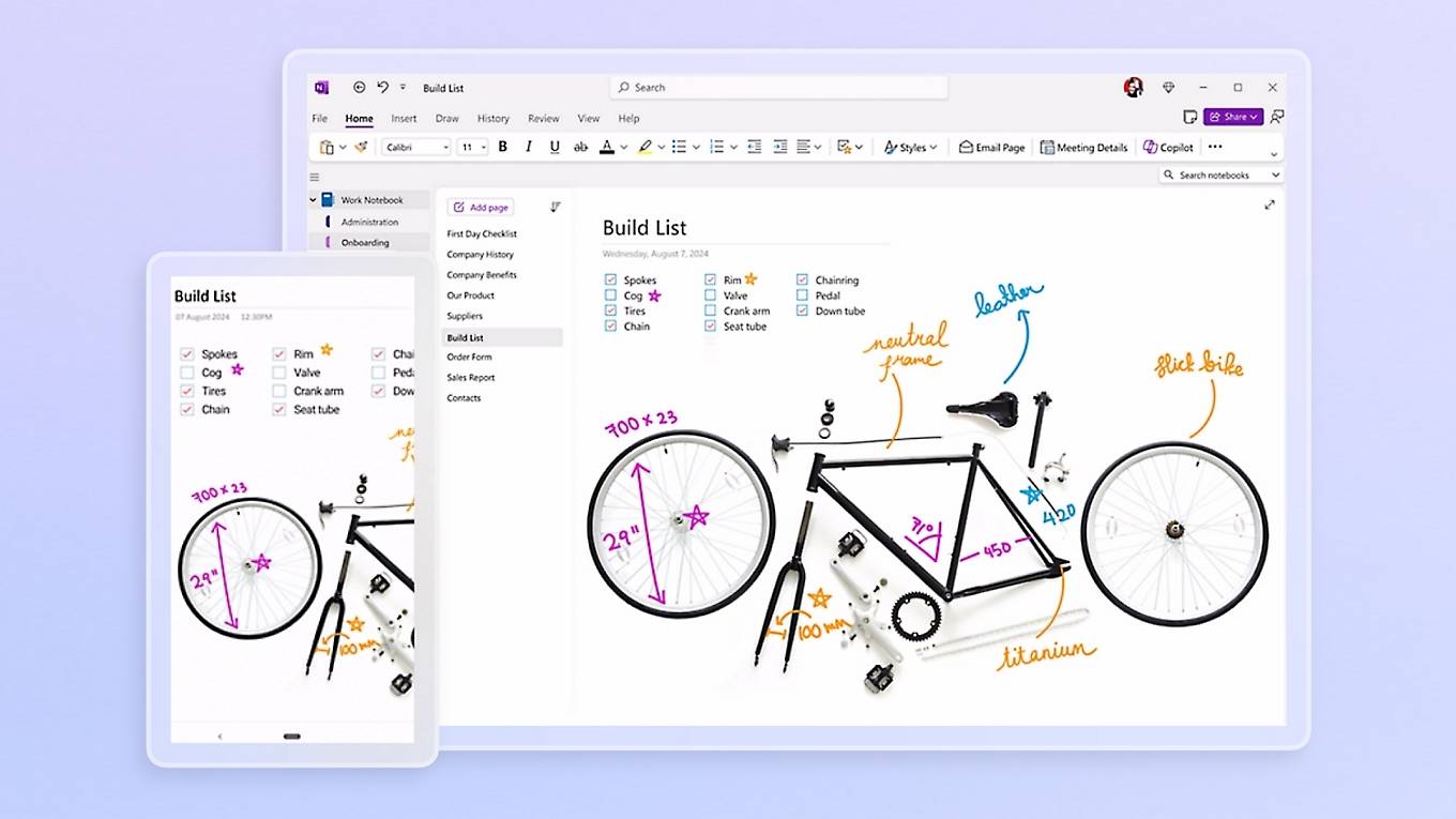 Digital image displaying a bike build list with sketches and measurements, shown on both a desktop and mobile device.