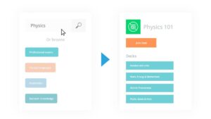 Screenshot of a physics class interface showing course options and study decks for topics like Newton's laws and thermodynamics.