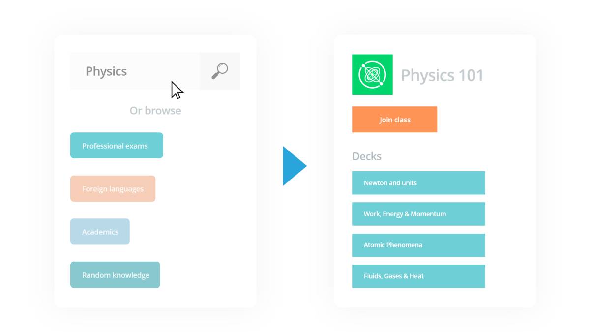 Screenshot of a physics class interface showing course options and study decks for topics like Newton's laws and thermodynamics.