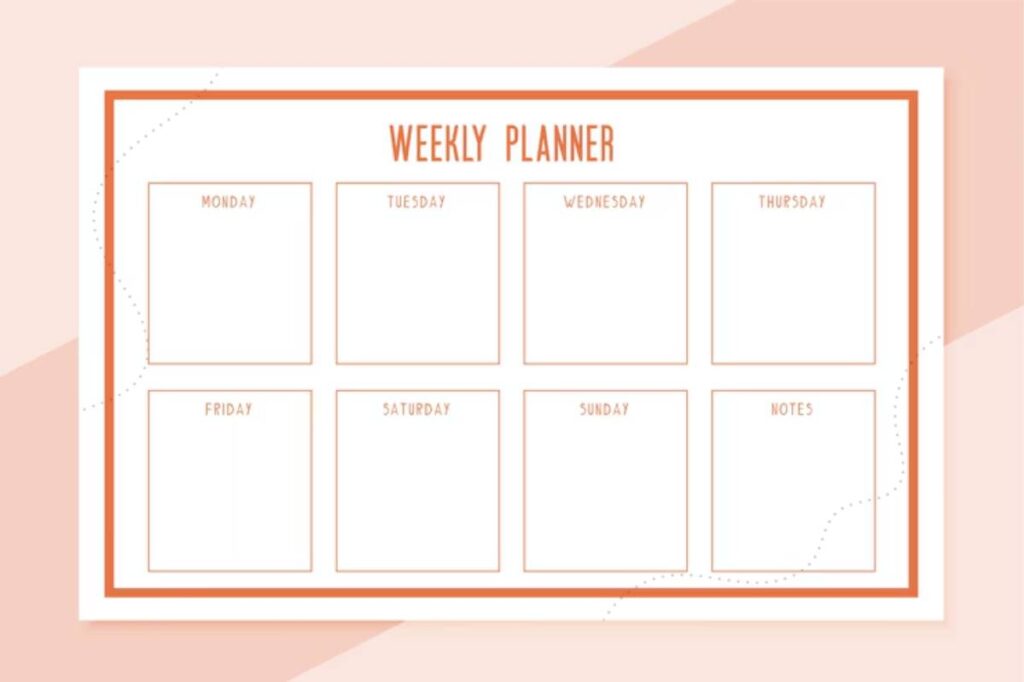 A minimalistic weekly planner template with sections for each day of the week and a notes area at the bottom.