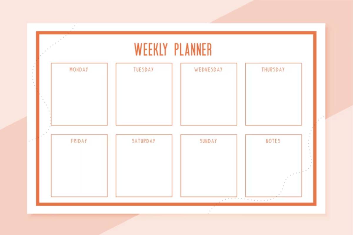 A minimalistic weekly planner template with sections for each day of the week and a notes area at the bottom.